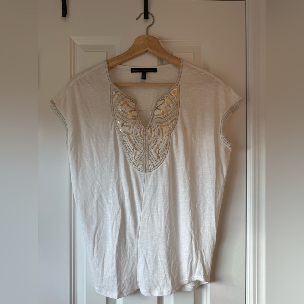 White House Black Market White and Gold Detail Top